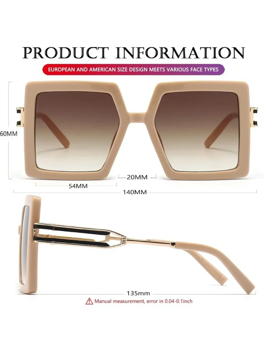 Women's Square Fashion Big Large Frame Sun Glasses UV400 Protection Beige Brown